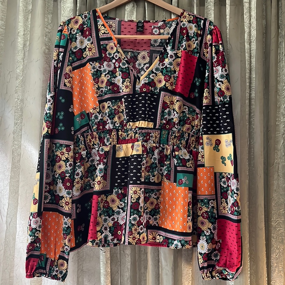 SOLD SHEIN Patchwork V Neck Cinched Waist Long Sleeved Blouse